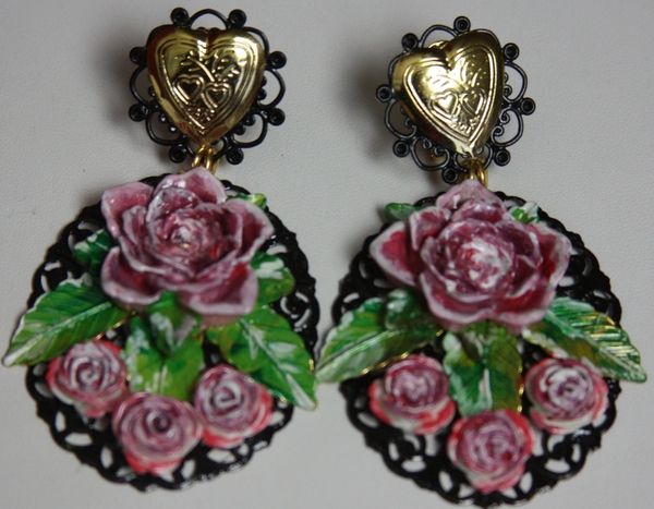 SOLD! 2413 Baroque Hand Painted Heart Rose Massive Studs Earrings