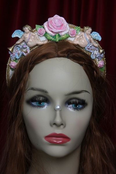 SOLD! 2415 Baroque Faced Cherubs Hand Painted Rose Headband