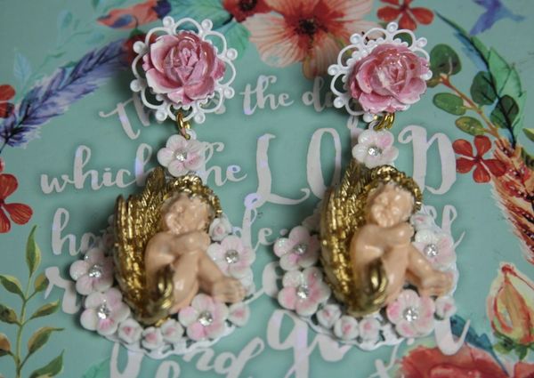 SOLD! 2454 Baroque Gold Winged Hand Painted Cherub Studs