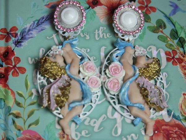 SOLD! 2466 Total Baroque Faced Hand Painted Cherubs Angel Studs Earrings