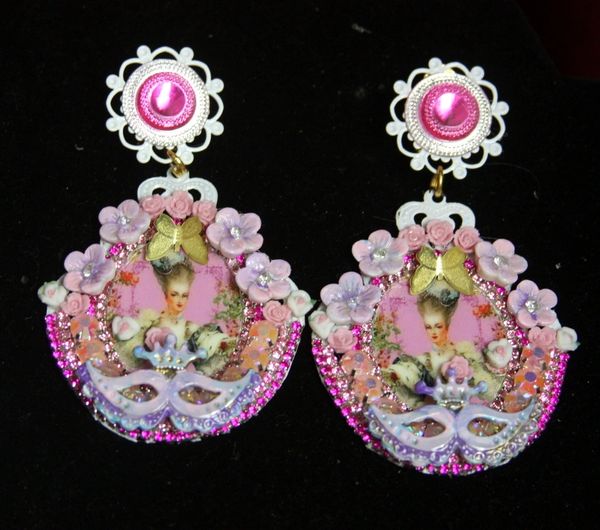 SOLD! 2470 Marie Antoinette Pink Mask Hand Painted Cameo Studs
