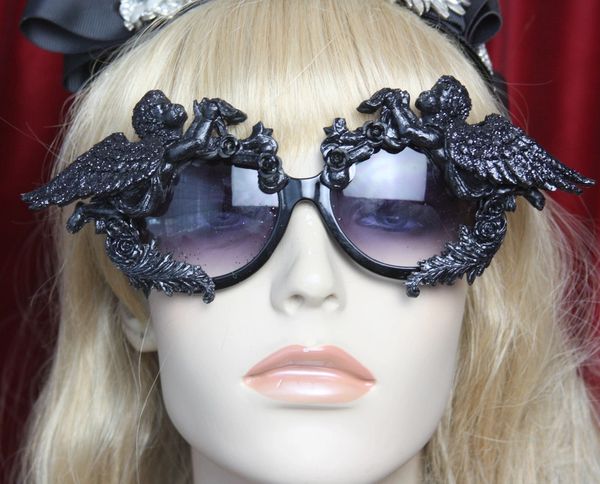 SOLD! 2503 Total Baroque Black Glitter Cherub Angel Embellished Sunglasses