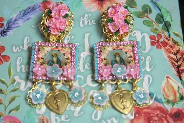 SOLD! 2514 Virgin Mary Hand Painted Flower Cameo Heart Studs Earrings