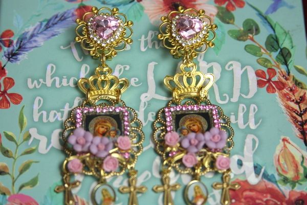 SOLD! 2516 Virgin Mary Cameo Purple Flower Studs Earrings