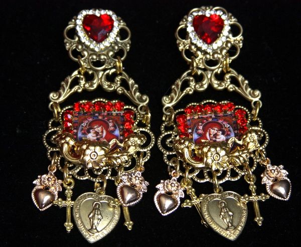 SOLD! 2519 Virgin Mary Cameo Charms Red Heart Studs Earrings