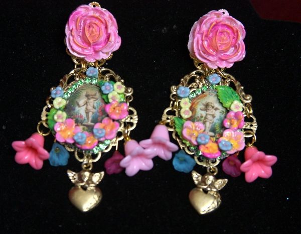 SOLD! 2524 Baroque Hand Painted Flower Cherub's Garden Earrings