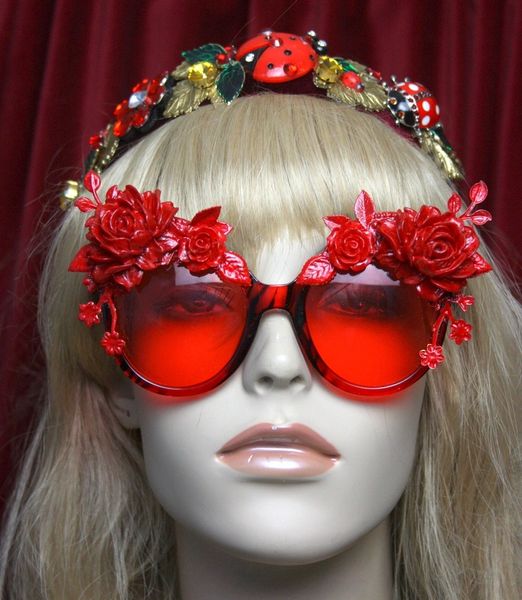 SOLD! 2556 Red Enamel Flower Baroque Embellished Sunglasses