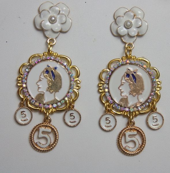 SOLD! 2567 White Camellia Enamel Number 5 Studs Earrings