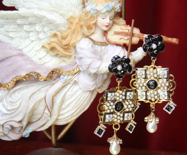 SOLD! 2573 Madam Coco Brooch Black Camellia Pearl Charms Studs Earrings