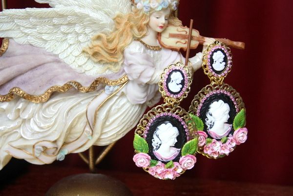 SOLD! 2576 Victorian Cameo Hand Painted Flower Massive Earrings