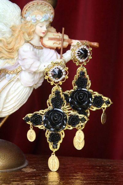 SOLD! 2591 Baroque Massive Black Rose Cross Coin Earrings