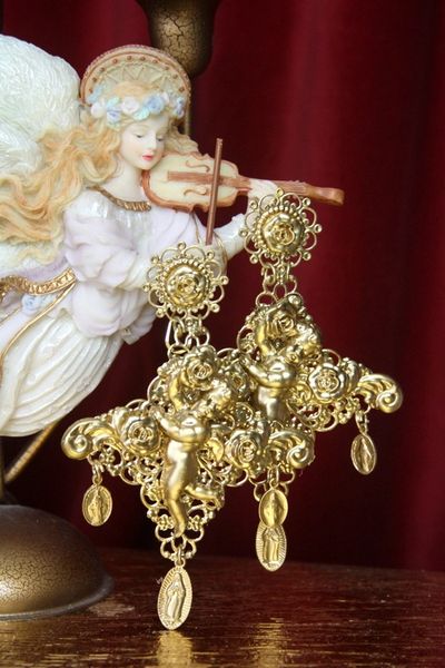 SOLD! 2595 Massive Baroque Rococo Cherub Cross Coin Studs Earrings