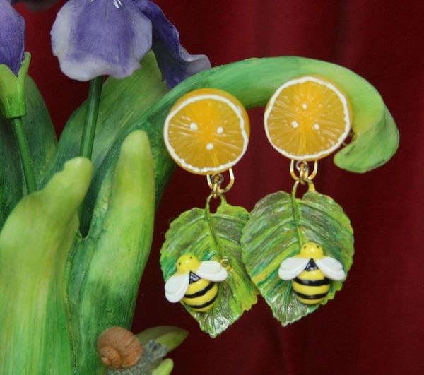 SOLD! 2591 Baroque Sicilian Orange Hand Painted Leaf Bee Studs Earrings