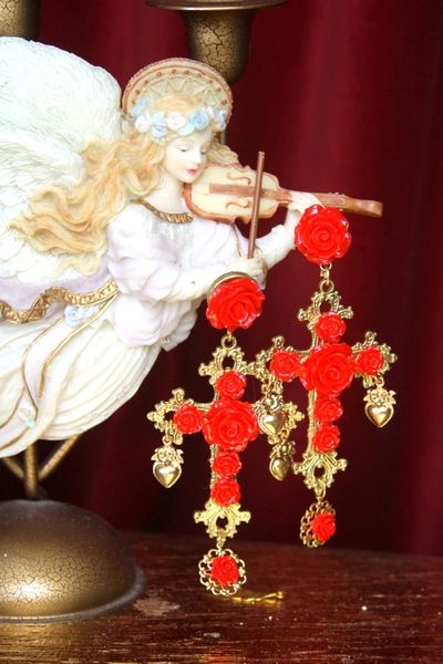 SOLD! 2597 Total Baroque Red Rose Coin Cross Studs Earrings