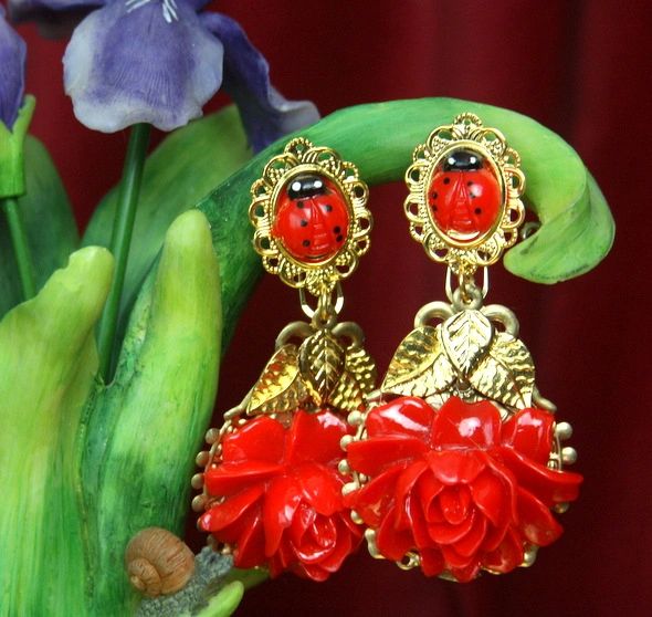 SOLD! 2598 Baroque Red Peony Ladybug Gold LEaf Studs Earrings