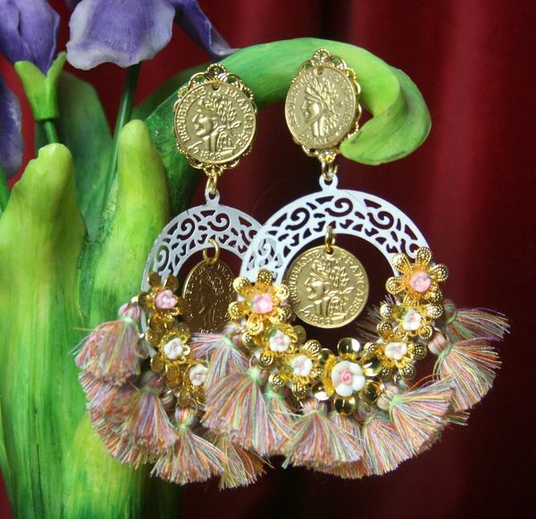 SOLD1 2603 Roman Coin Flower Tassel Massive Baroque Earrings