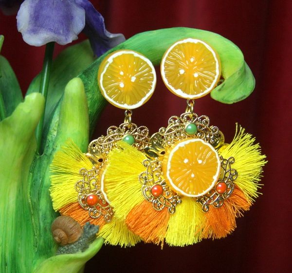 SOLD! 2611 Sicilian Orange Fruit Bright Tassel Yellow Gold Filigree Earrings studs
