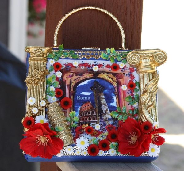 SOLD! 2126 Italian Print Rome column Poppy Embellished Handbag