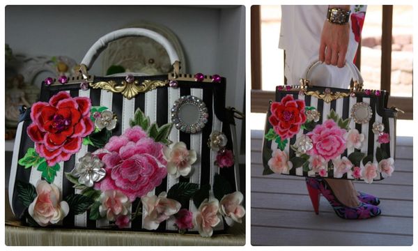 SOLD! 1609 Striped Rose Applique Crystal Embellished Large Handbag