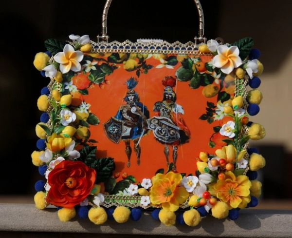 SOLD! 1506 Knights Print Bright Orange Embellished Flower Handbag