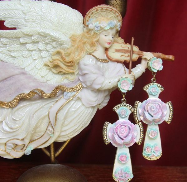 SOLD! 2615 Baroque Hand Painted Flower White Enamel Cross Earrings