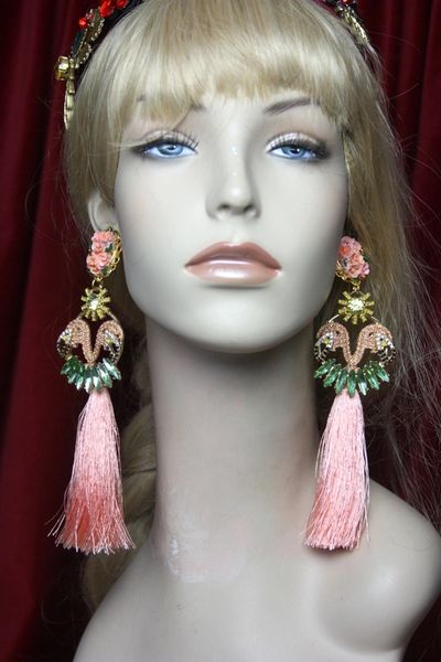 SOLD! 2616 Pink Crystal Flamingo Flower Tassel Huge Earrings