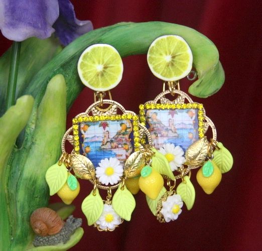 SOLD! 2625 Italian Print Taormina Lemon Fruit Studs Earrings