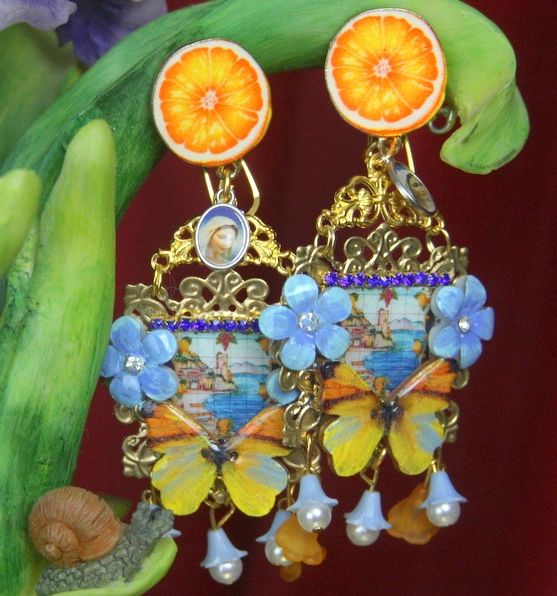SOLD! 2624 Sicilian Tile Print Orange Fruit Butterfly Studs Earrings