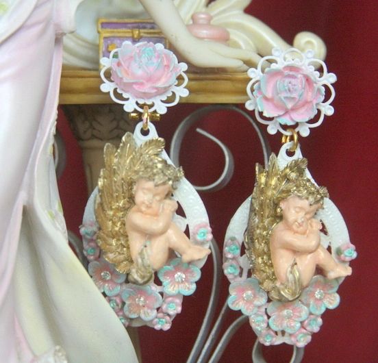 SOLD! 2629 Baroque Rococo Cherub Hand Painted Flower Studs Earrings