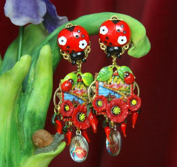 SOLD!2631 Poppy Sicilian Print Taormina Ladybug Studs Earrings