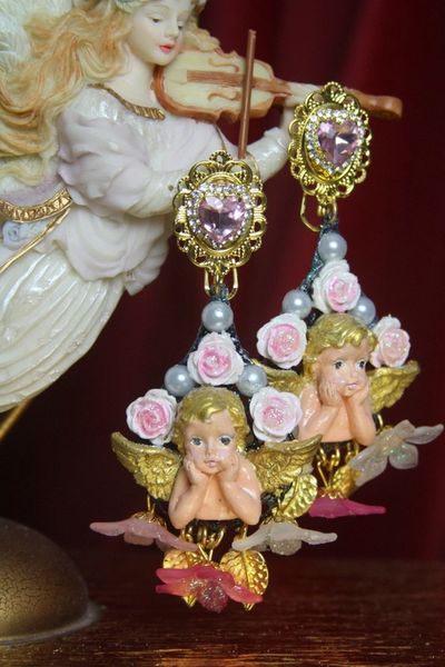 SOLD! 2641 Baroque Rococo Dangled Flower Pearl Roses Crystal Earrings