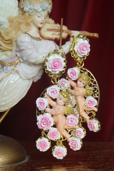SOLD! 2643 Rococo Hand Painted Dangled Flowers CherubStuds Earrings