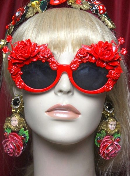 SOLD! 2647 Baroque Rococo Red Enamel Embellished Flower Sunglasses