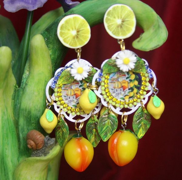 SOLD! 2650 Sicilian Tile Taormina Print Lemon Fruie Daisy Studs Earrings