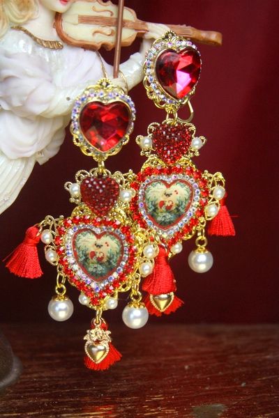 SOLD!2655 Baroque Red Tassel Heart Cherubs Cameo Studs Earrings
