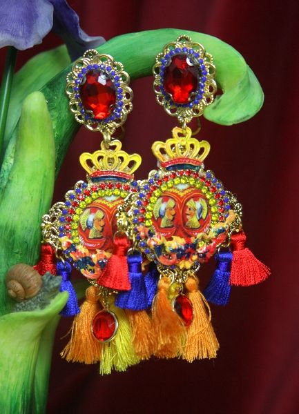 SOLD! 2665 Sicilian Knight Print Tassel Crown Crystal Earrings