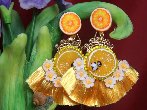 SOLD! 2669 BAroque Inspiration Silky Tassel Bee Orange Fruit Stunning Earrings