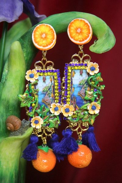 SOLD! 2670 Sicilian Tile Taormina Print Orange Fruit Tassel Studs Earrings
