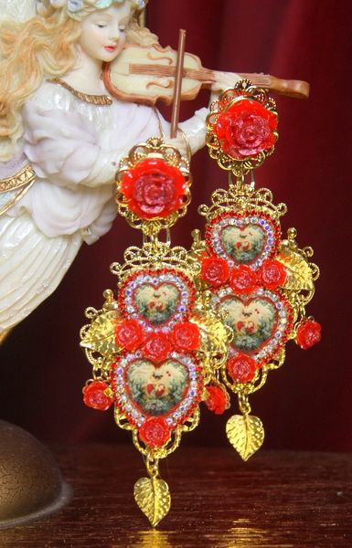 SOLD! 2671 Baroque Red Rose Heart Cameos Cherubs Leaf Earrings