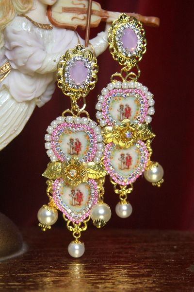SOLD! 2672 Baroque Pink Crystal Heart PEarl Cameo Studs Earrings