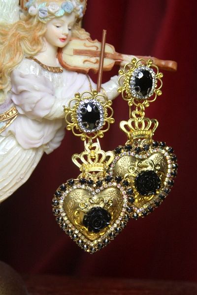 SOLD! 2673 Total Baroque Heart Black Rose Crystal Studs Earrings