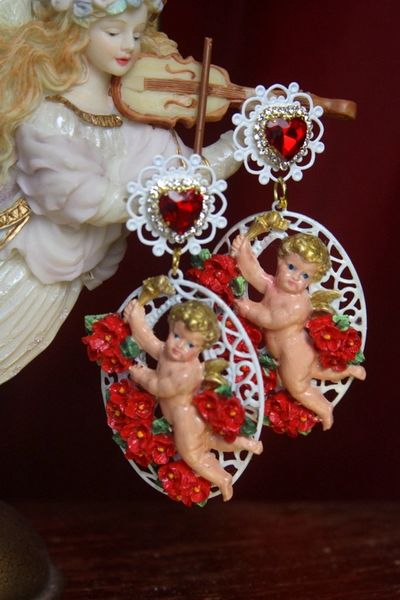 SOLD! 2678 Baroque Hand Painted Red Rose Cherub Stunning Crystal Earrings