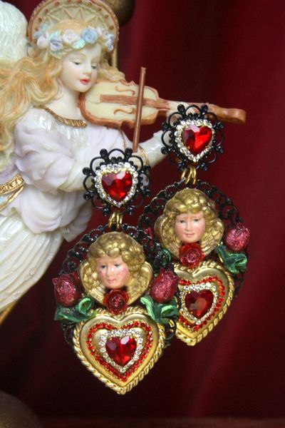 SOLD! 2681 Total Baroque Hand Painted Cherub Heart Crystal Earrings