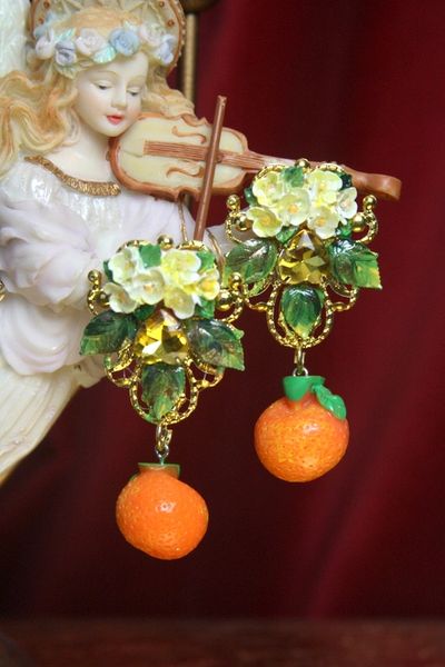 SOLD! 2686 Sicilian Orange Fruit Hand Painted Flower Earrings Studs