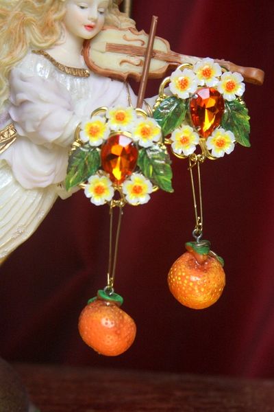 SOLD! 2687 Sicilian Orange Dangle Fruit Hand Painted Flower Earrings Studs