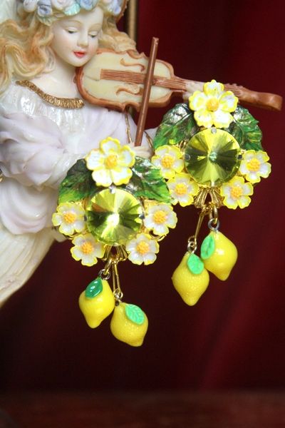 SOLD! 2688 Sicilian Lemon Dangle Fruit Hand Painted Flower Earrings Studs
