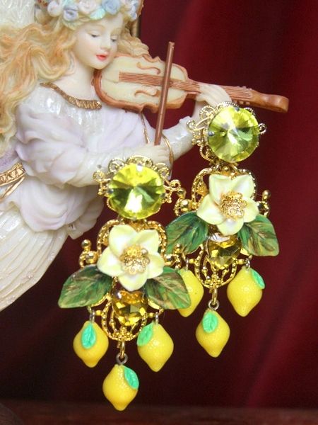 SOLD! 2689 Sicilian Lemon Crystal Fruit Hand Painted Flower Earrings Studs