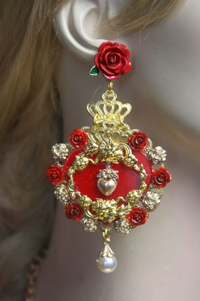 SOLD! 2693 Total BAroque Sacred Heart Crown Rose Earrings