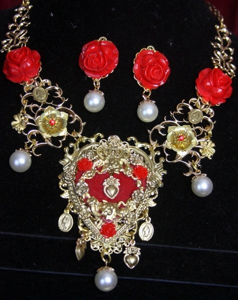 SOLD! 2693 Baroque Sacred Heart Flower Necklace+ Earrings