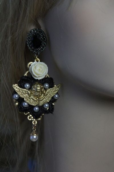 SOLD! 340 Baroque Black Lace Cherub Massive Milky Rose Earrings Studs